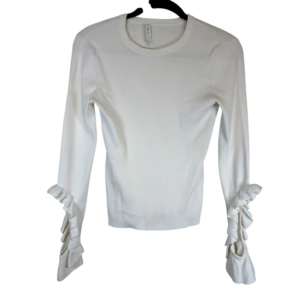 ALC White Ribbed Knit Long Sleeve Top with Ruffle Split Cuff Detail Small